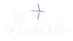 Illustris Logo - white cursive letters, with a four-pointed star in place of the dots over the I's. Centred above the word "Illustris" is a 3D-esque skeleton of the same 4-pointed star, a nod to their work in 3D modelling and 3D printing.